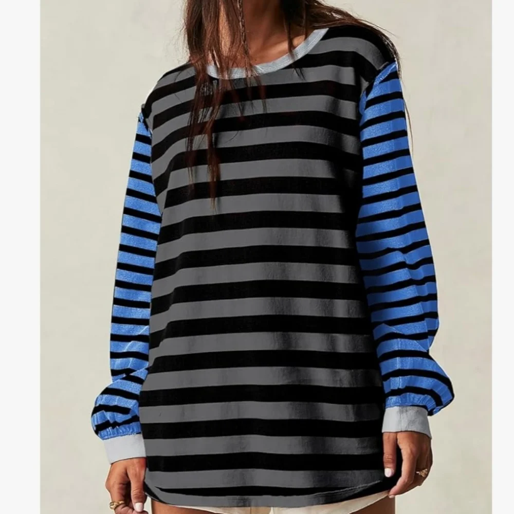 Striped Long Sleeve Top - Black & Blue NWT Sz Medium - Picture 2 of 5